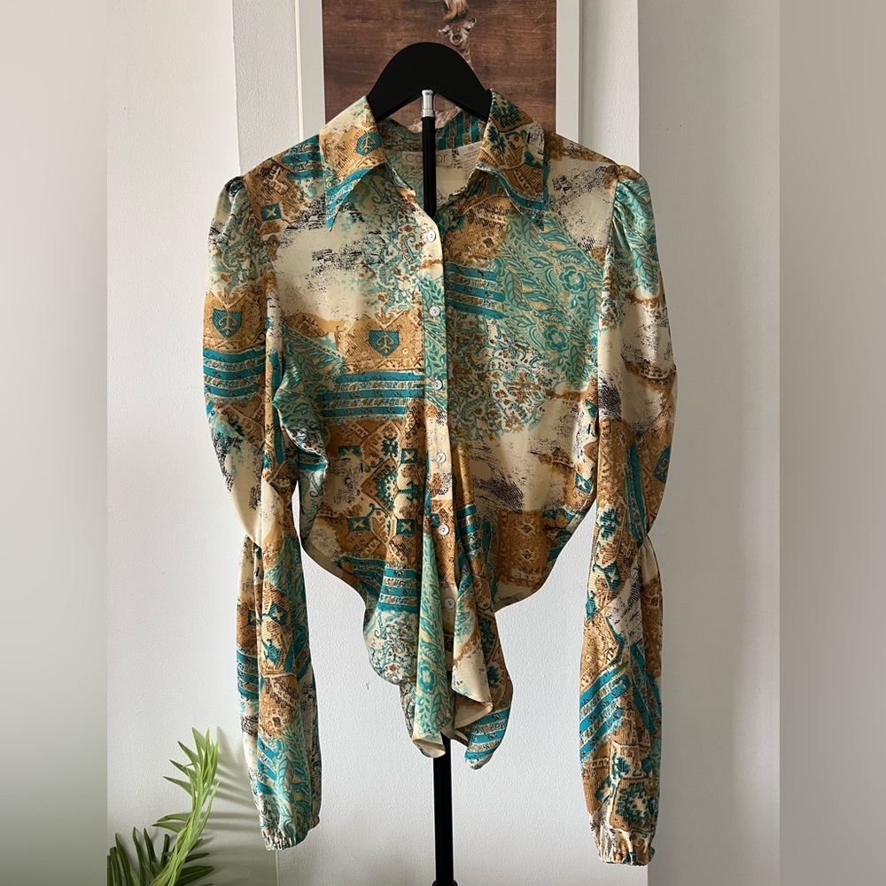 Caviar Boho Turquoise & Earth Tones Blouse Size M - Excellent Condition